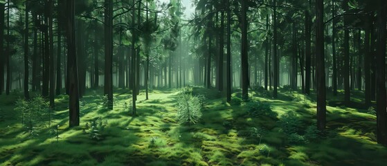 Obraz premium a pine forest, casting a warm glow on the green trees and mist, enhancing the autumnal beauty of the scene
