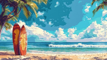 surfboards resting next to a palm tree in a vibrant pop art beach setting, illustrating the essence of a tropical paradise