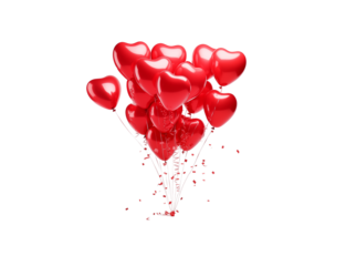 Red balloons with confetti. Festive heart shape air balloon compositions set with sparkling glitter ribbons. Valentine day or birthday party decoration elements on transparent