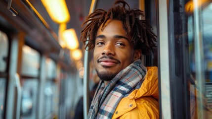 A young man wearing a yellow jacket and a plaid scarf leans against a window on a bus, gazing outside with a sense of calm and introspection during his commute.