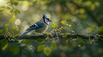 Obraz premium A blue jay perches on a branch, its blue feathers contrasting with the green foliage