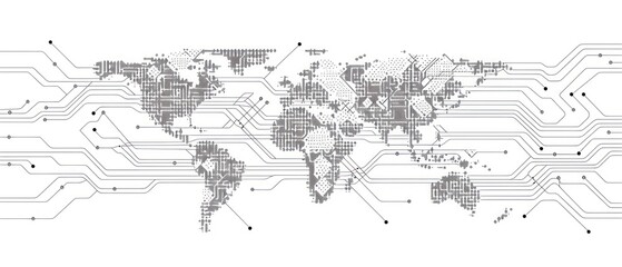 Obraz premium A minimalist world map set against a white backdrop, offering a sleek and modern look, ideal for tech-themed graphics and professional presentations.
