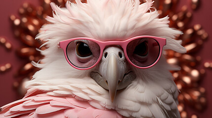 a bird wearing pink glasses