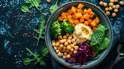 Buddha Bowl: A bowl filled with a variety of healthy ingredients such as brown rice, chickpeas, roasted sweet potatoes, spinach, red cabbage, and humus. 