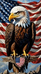 Naklejka premium A majestic bald eagle with an American flag