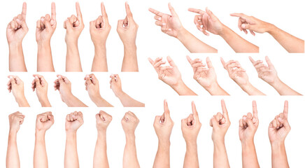 Male Caucasian hand gestures isolated over the white background.