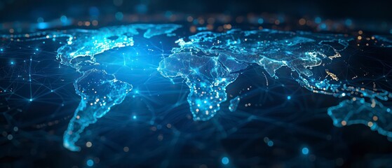 The blue world map features a minimalistic tech background, emphasizing global connections and digital integration with a sleek, straightforward layout.