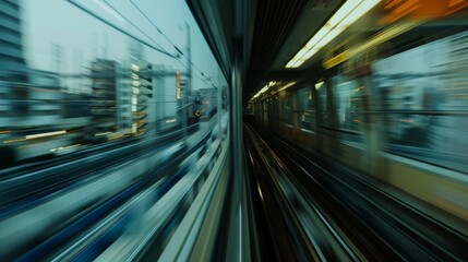 Fototapeta premium Abstract Motion-Blurred View from the Front of a Train. Dynamic Urban Transportation Concept with Speed and Motion