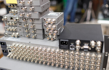 Commutation panel of telecommunication video switcher broadcast for TV channel translation rear view