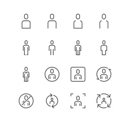 Set of people related icons, male, female, profile, personal, business people, group, leader, human and linear variety vectors.
