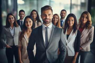 Obraz premium Confident Businessman Standing in Front of a Group of beautiful women. A man works in a women's team. Group of business people in office. Leadership concept. Concept of success. Generative AI