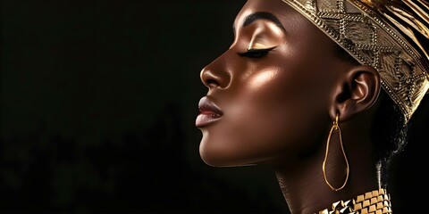 Glamorous African American woman in gold jewelry showcased on black banner. Concept Fashion, African American, Glamour, Jewelry, Black Banner