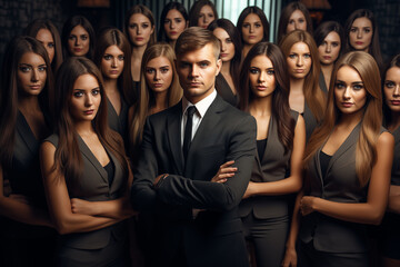 Fototapeta premium Group of business people. Confident Businessman Standing in Front of a Group of beautiful women. A man works in a women's team. Leadership concept. Concept of success. Generative AI