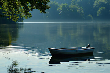 Serene Summer Boat Ride on a Calm Lake with Clear Skies