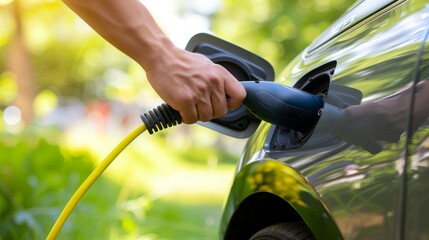Hand of Man Inserting Power Cord into Electric Car for Charging Eco-Friendly Vehicle on Green Landscape. Sustainable Energy and Environmentally Friendly Transportation Concepts