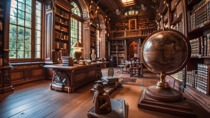 Inside a beautiful historical library and art collection with antique staircases and baroque frescos on the wall. Filled with old books and maps 