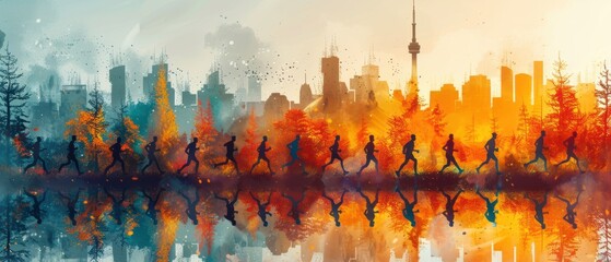 Vector graphic of a marathon race, with diverse runners and a cityscape in the background.