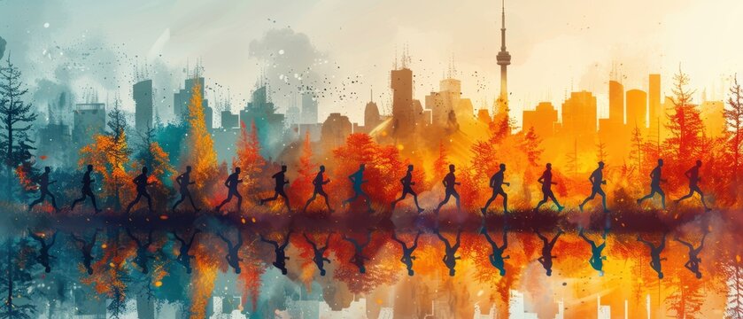 Vector graphic of a marathon race, with diverse runners and a cityscape in the background.