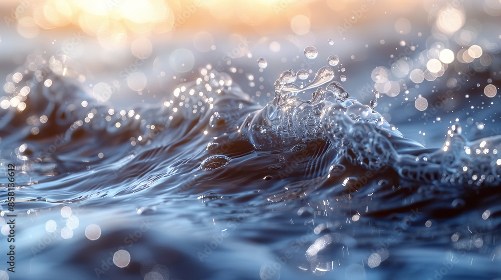 Poster this abstract image focuses on the dynamic splashing and movement of clear water droplets, capturing