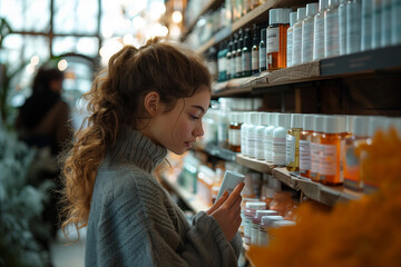 A person browsing through skincare products at a beauty store, exploring options.A woman is standing in a pharmacy, examining a bottle of pills on a shelf