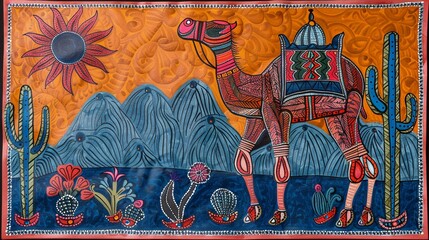 Traditional art of a camel, Bharni style, graceful and elegant, desert scene with sun and cactus, traditional hues