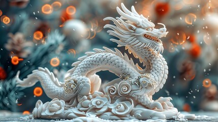 Obraz premium A highly detailed dragon sculpture with intricate scales, floral accents, and dynamic pose, set against a beautiful, abstract bokeh background.