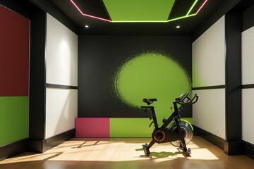 An indoor cycling room with neon accents