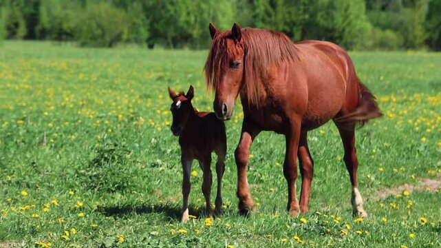 Chestnut mare and foal grazing in meadow with dandelions, creating serene countryside scene