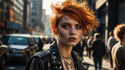 Fototapeta premium Giovane donna con capelli rossi e vestiti in stile punk in una strada di una città 