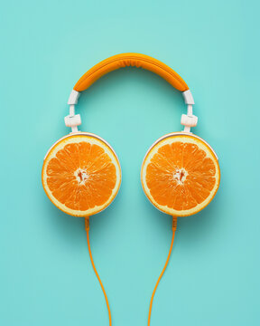 Headphones made of orange fruit on a turquoise background. Minimal summer, music and food idea