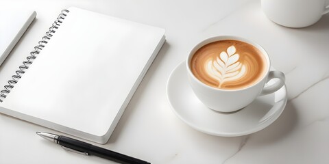 A cup of cappuccino with latte art , placed next to a leather-bound sketchbook with copy space , on a white background