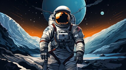 A captivating illustration of an astronaut floating in space, surrounded by stars, planets, and the vast expanse of the galaxy. Illustration, Minimalism,