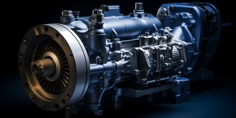 Fototapeta premium Diesel Turbo Engine with Twin-Turbine Assemblies Set Against Dark Background Shadows. Concept Mechanical Engineering, Twin-Turbine Assemblies, Diesel Turbo Engine, Dark Background
