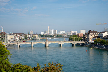 Long range shot of the Middle Bridge, a historic bridge in  the Swiss city of Basel.