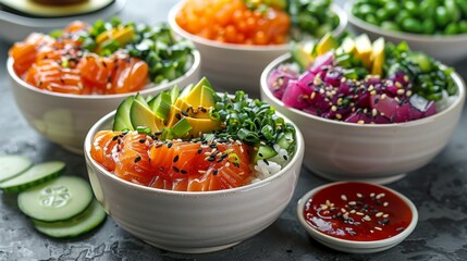 Fusion Poke Bowl: Bowls filled with sushi rice, marinated tuna or salmon, edamame, avocado, and a variety of fresh vegetables.