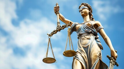 Symbol of justice. Judge attribute. Justice Day. Themis with scales against the sky. Law and legislation.
