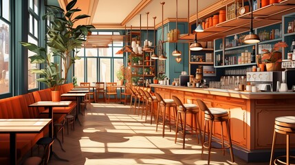 A charming, whimsical illustration of a cozy coffee shop interior, with patrons enjoying their drinks, baristas at work, and warm, inviting decor. Illustration, Minimalism,