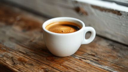 Fototapeta premium A white cup of coffee on a rustic wooden table.
