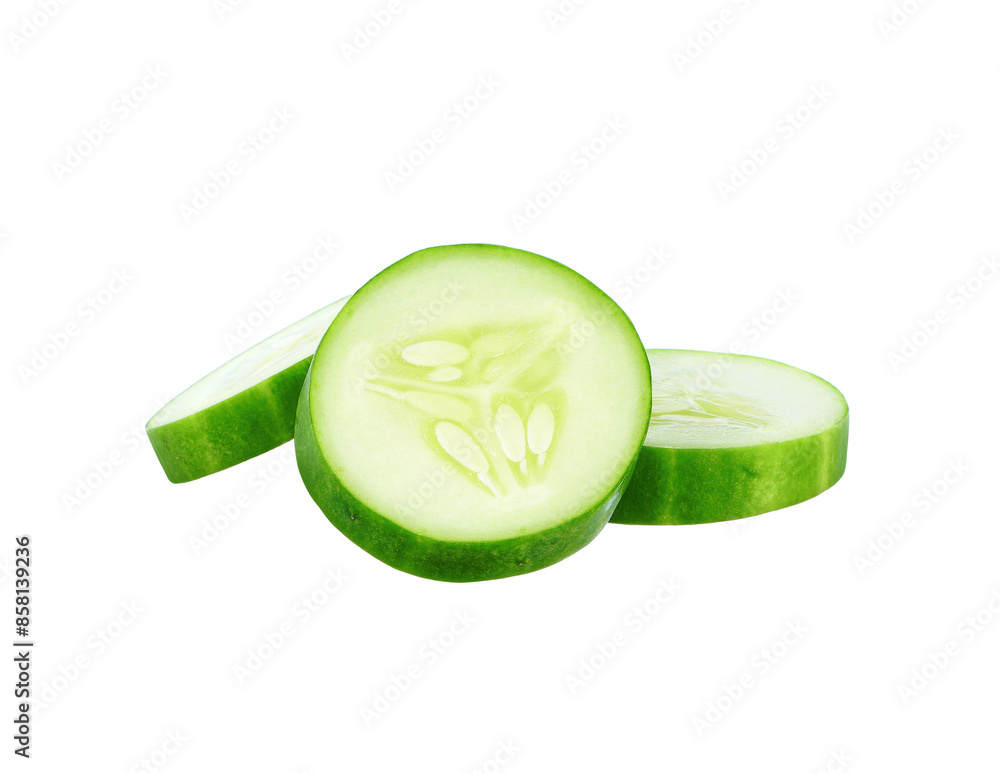 Poster sliced of cucumber isolated on white background.