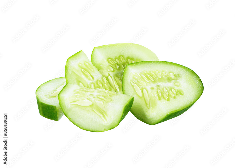 Poster sliced of cucumber isolated on white background.
