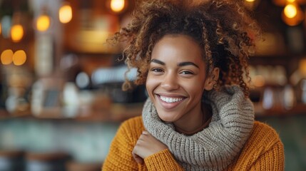 A friendly woman with curly hair smiles warmly in a cozy cafe setting, surrounded by a warm, inviting ambiance with soft lighting and background elements like tables and shelves.