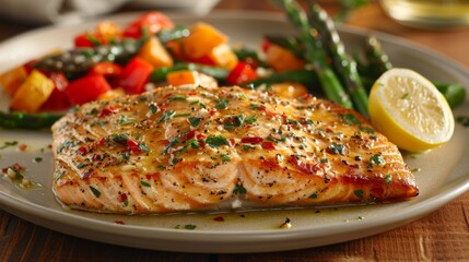 Grilled Salmon and Vegetables: A plate featuring a perfectly grilled salmon fillet served with a side of roasted vegetables such as asparagus, bell peppers, and sweet potatoes.