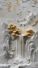 3d Bas-relief, Volumetric stucco molding on a concrete wall with golden elements, Japanese landscape, waterfall, mountains.