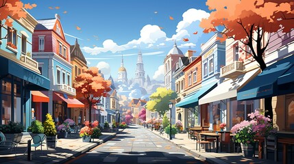 Naklejka premium A detailed vector illustration of a bustling city street, with shops, cafes, pedestrians, and vibrant urban energy. Illustration, Minimalism,