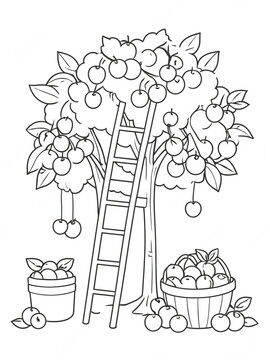 Naklejki Apple tree with ladder and harvest basket coloring page for kids