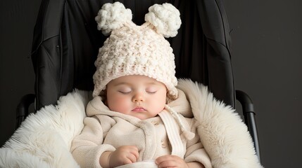 A baby girl sleeps peacefully in a white knit hat with pom poms, wearing a pink sweater and sitting in a baby seat