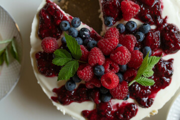 No bake cheesecake with fresh berries and berry compote on kitchen counter. Homemade summer cake