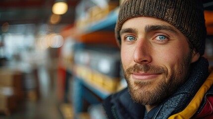 A young man wearing a beanie and jacket, smiling warmly while standing in a warehouse with shelves and boxes in the background, highlighting a cozy and productive environment.