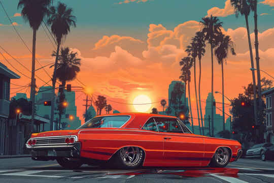 Classic lowrider car with buildings and sunset, retro vector illustration, uniform colors,
