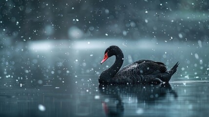 Side View Black Swan Floating on Water Surface with Snow Falling